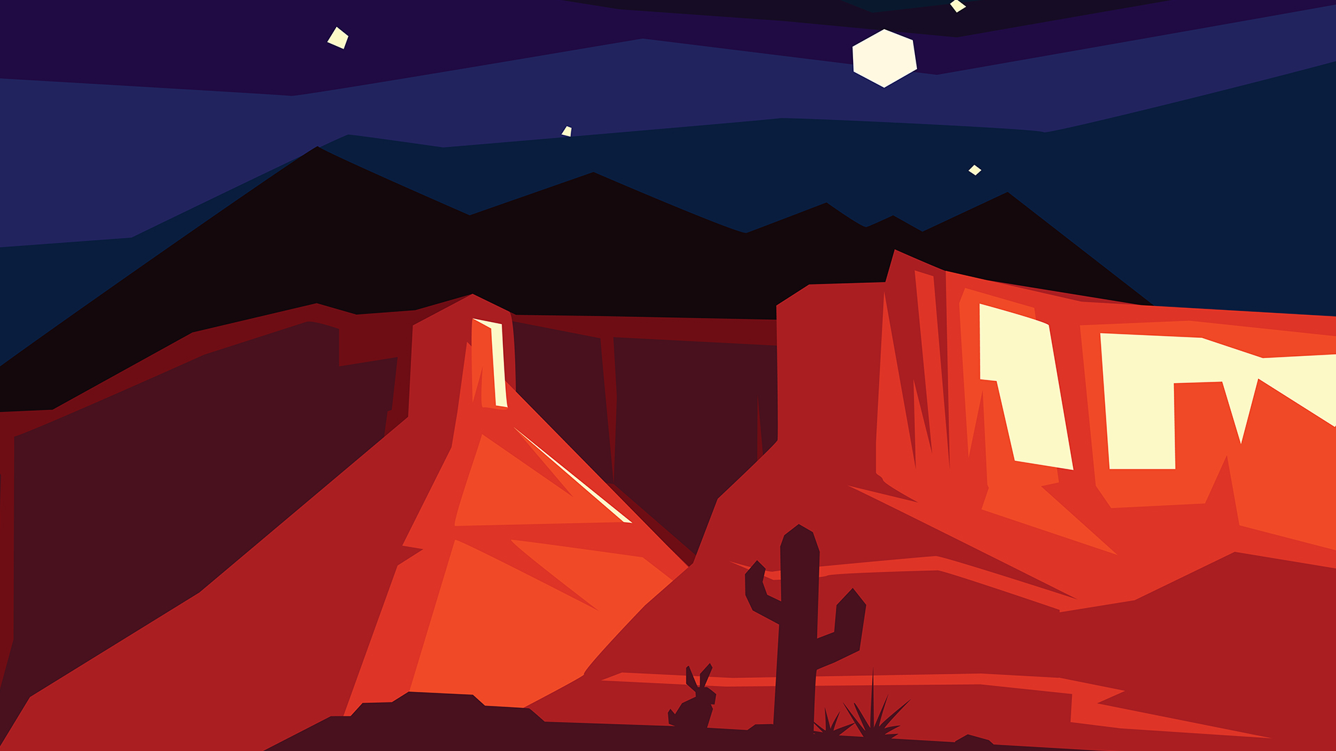 angular vector artwork of mesas, orange lit at night