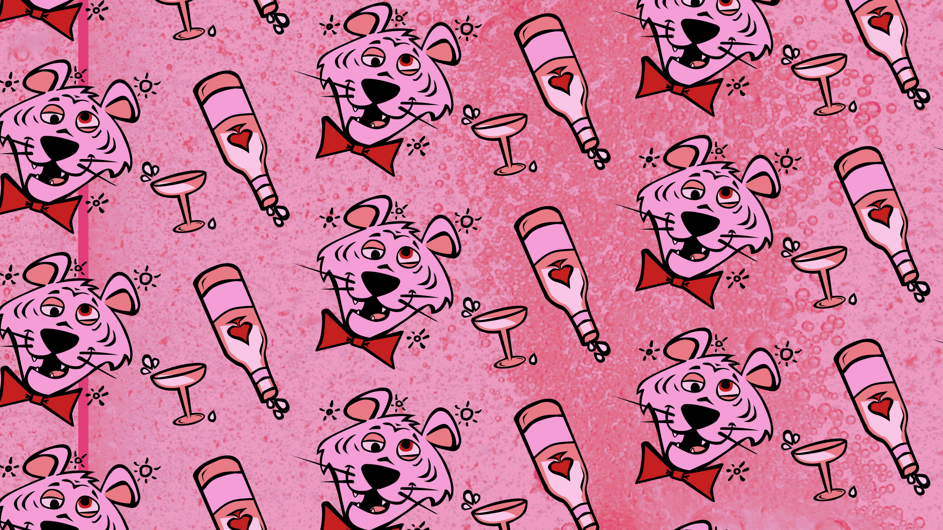 pink tiger character, drinks pink champagne all over pattern
