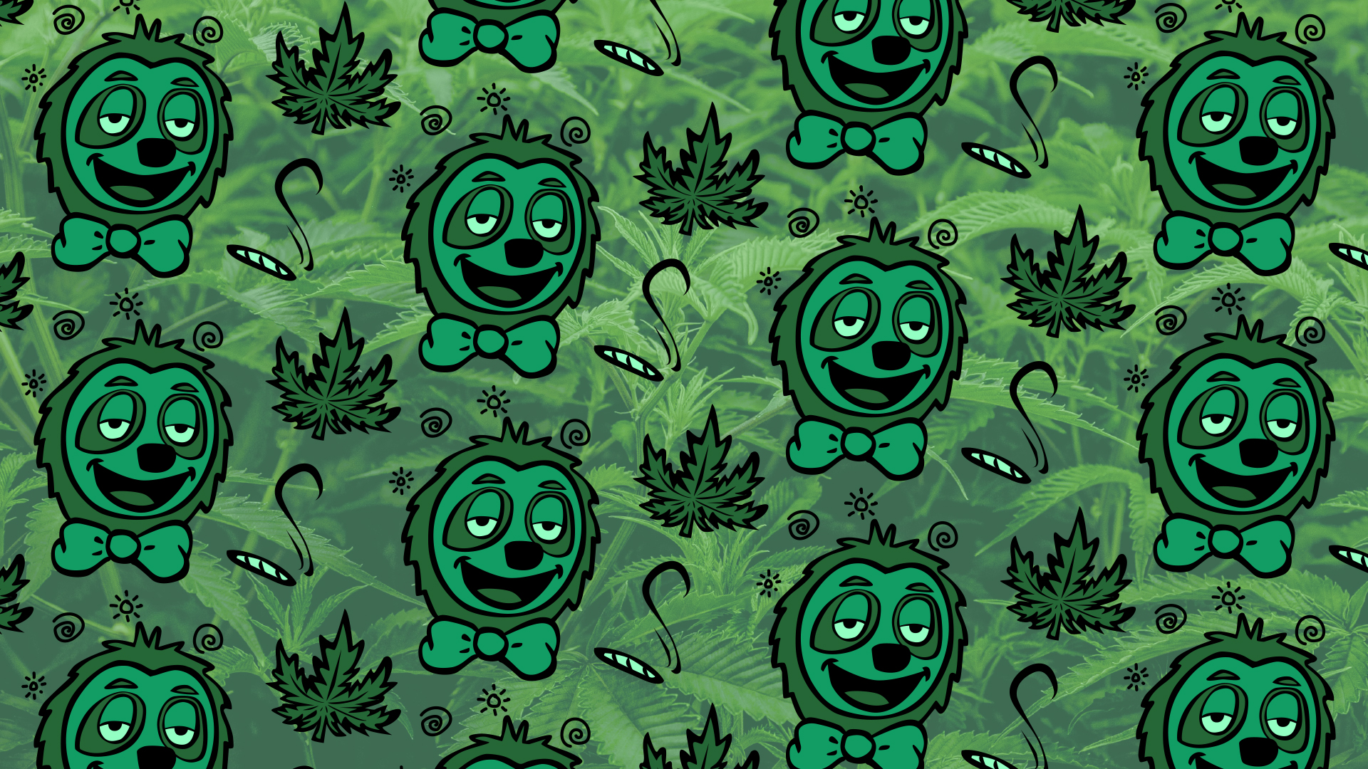 all over pattern of a green sloth characture with cannabis