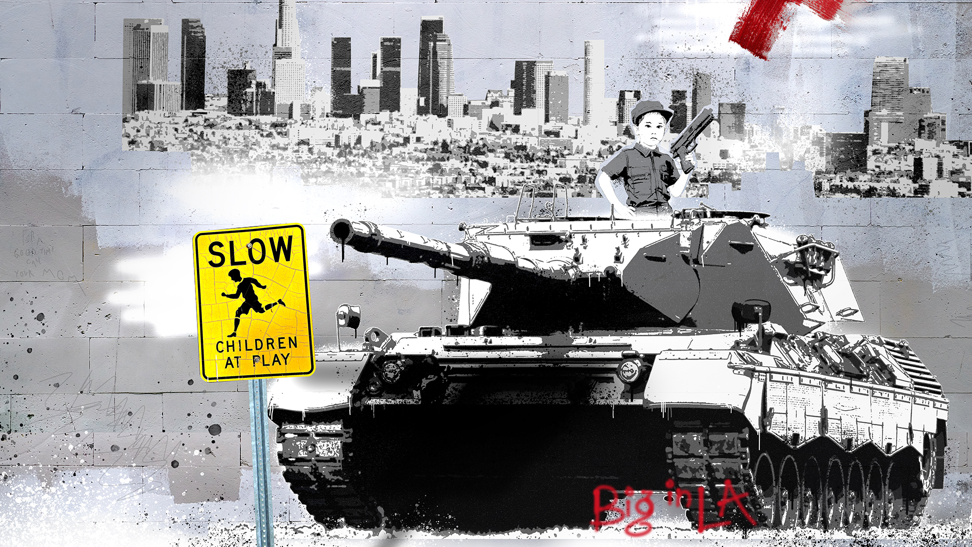 mock graffiti, tank cityscape war child